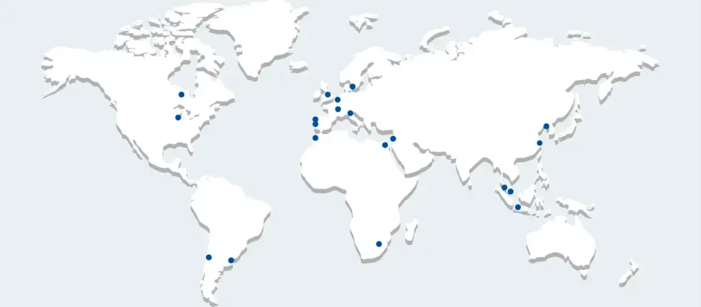World map showing TECNIUM distributor network locations